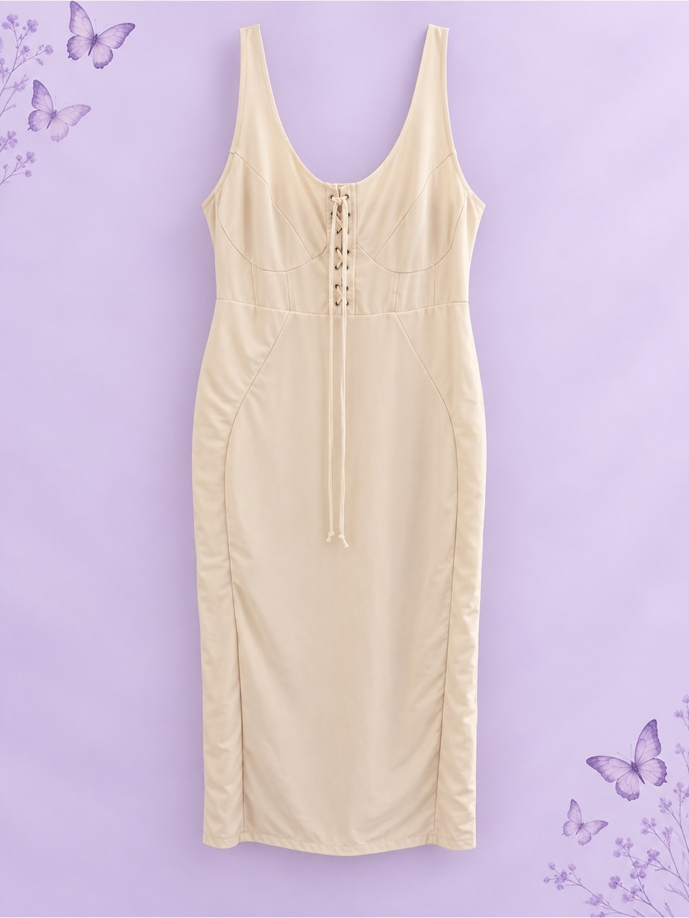 Forever 21 Beige Lace-Up Scoop Neck Midi Dress